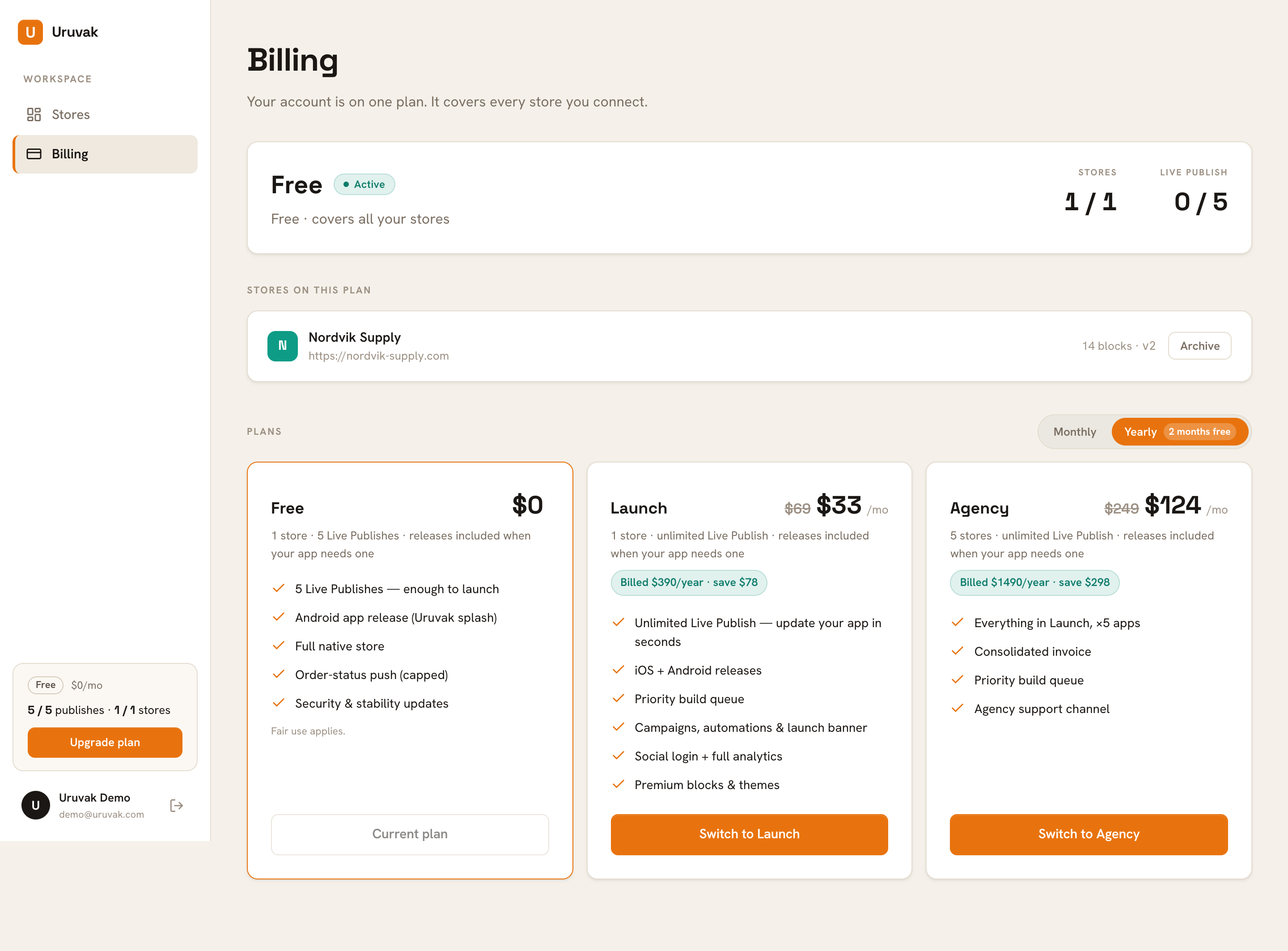 The Billing page on a Free account. The two counters on the right of the current-plan card are the whole of your plan: stores used, and Live Publishes used.