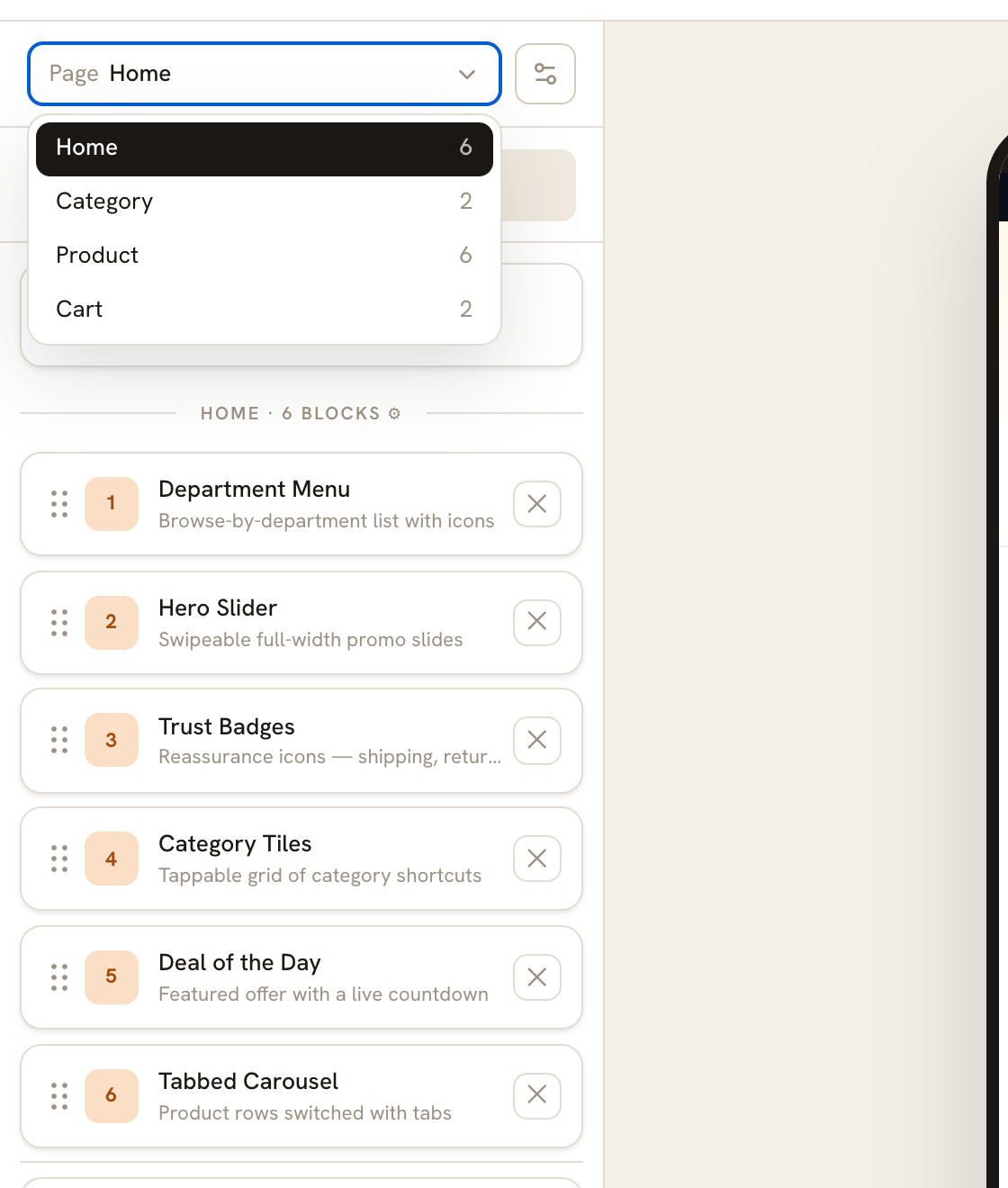 The Add-block palette on the Home page. The same button on Category offers five blocks, not fourteen.