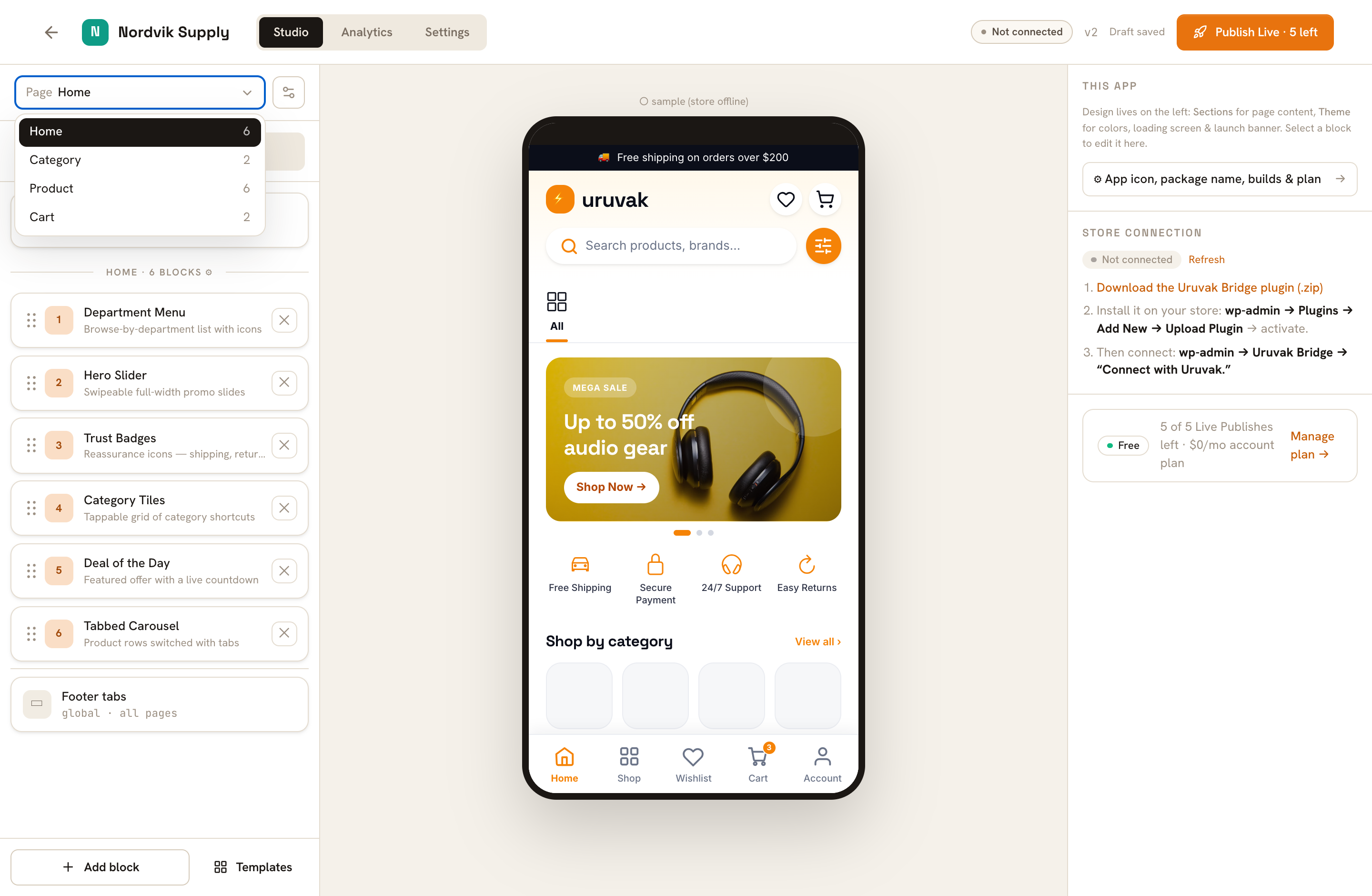 The Studio with the left rail switched to Theme. Design language and Branding are open by default; Colors, Buttons, Loading screen and Launch banner start collapsed.