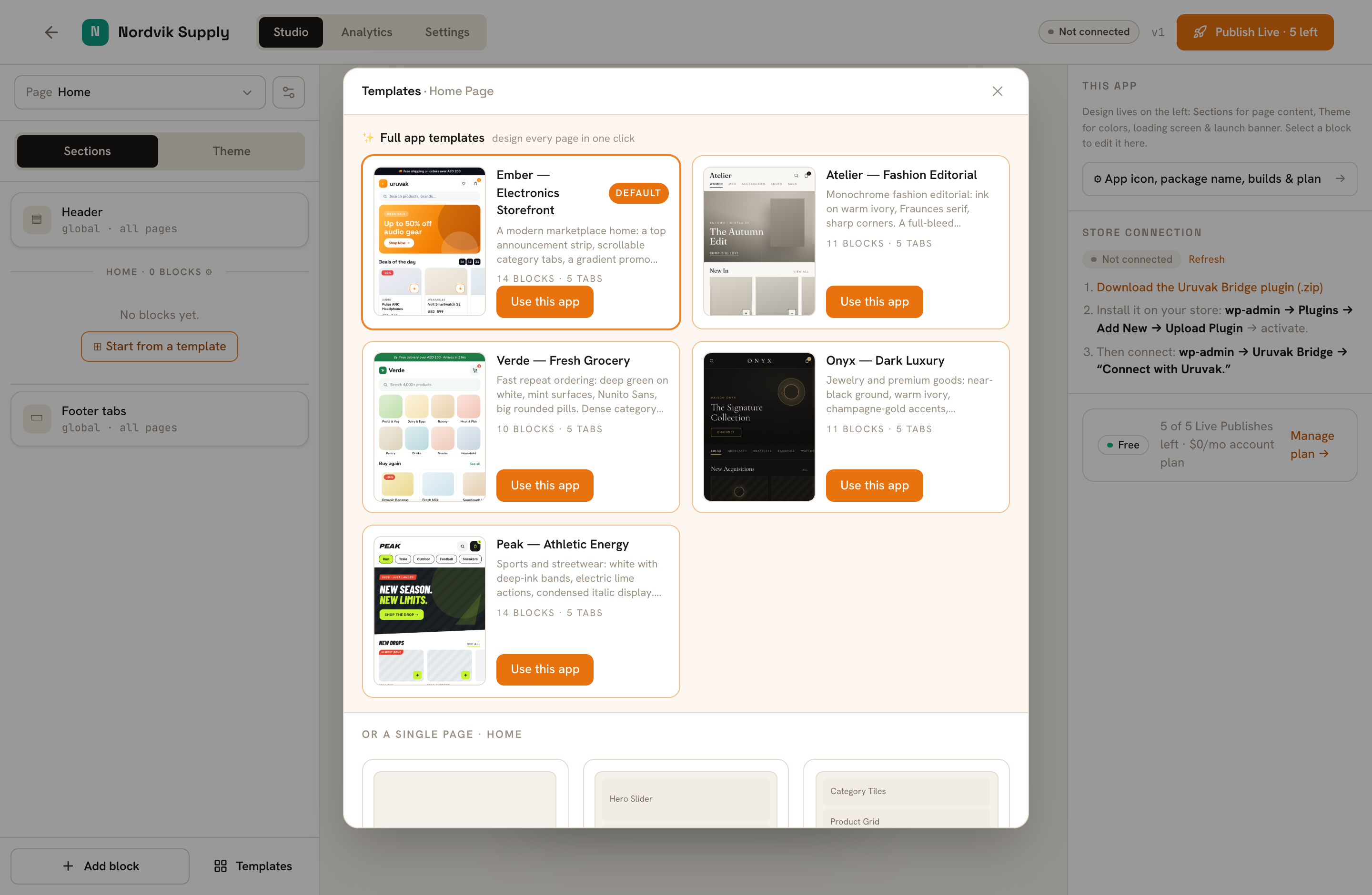 The Templates gallery. Full-app designs on the ember background at the top; templates for the page you are on underneath.